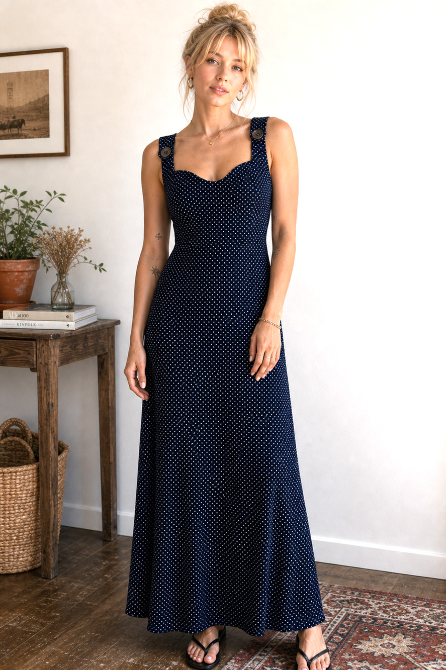 DBY Vintage Womens Navy White Polka Dot Criss Cross Open Back Midi Dress sz 12